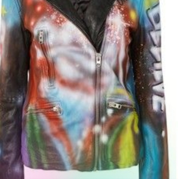 TOP SHOP UK  Painted Graffiti Leather Jacket MOTO style Size 6  Preowned EUC - Picture 7 of 13